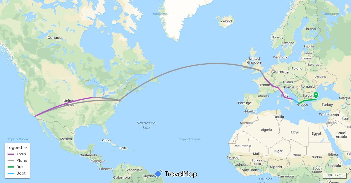 TravelMap itinerary: bus, plane, train, boat in Switzerland, France, United Kingdom, Greece, Ireland, Italy, Turkey, United States (Asia, Europe, North America)